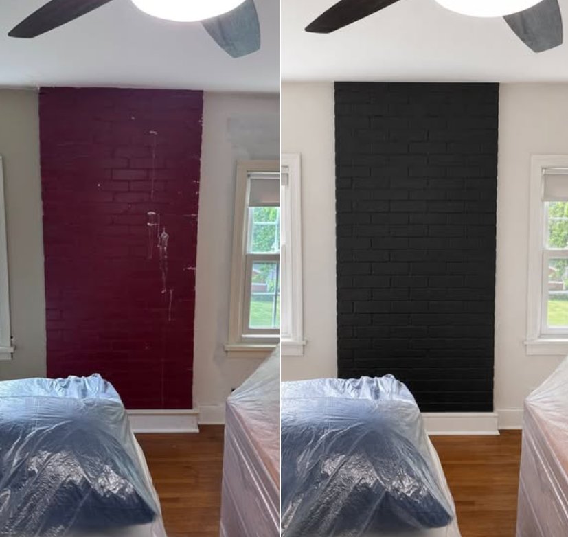Before and after: a brick accent wall repainted from worn maroon to a clean modern black