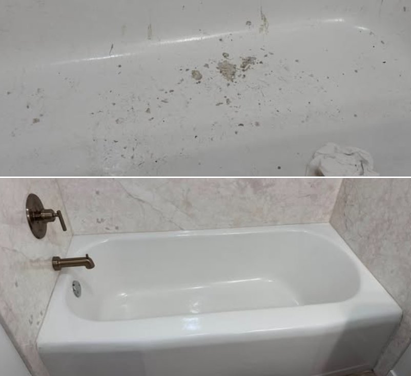Before and after: a stained bathtub restored to sparkling white
