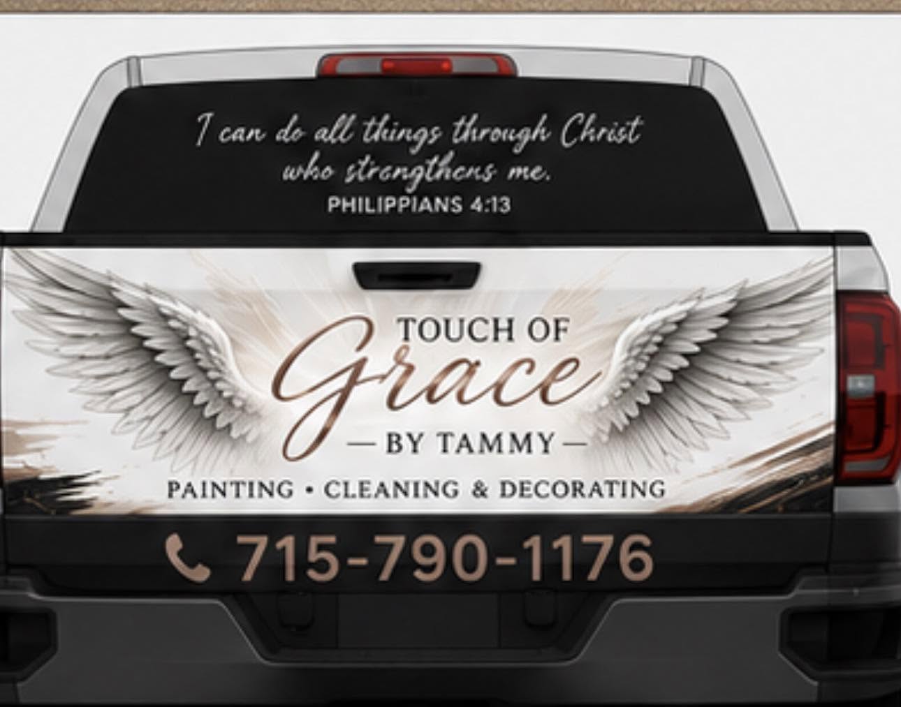 Touch of Grace by Tammy truck with angel wing tailgate wrap and phone number